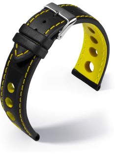 Barington Racing bőr óraszíj, fekete/sárga 18mm