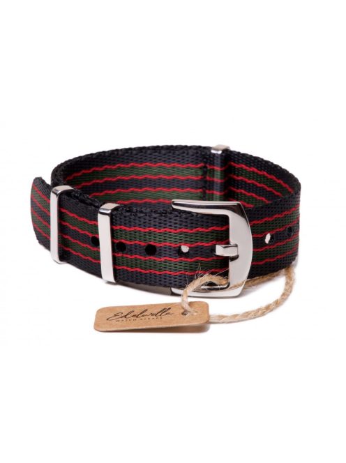 Edelwolle prémium Nato óraszíj, fekete/piros/zöld, 18 mm